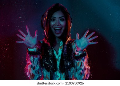 Photo Of Crazy Pretty Lady Hands Up Wear Rubber Coat Monsoon Fall Droplets Isolated Vivid Color Background