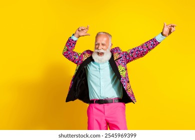 Photo of crazy rejoice old man clubber dance raise hands up wear jacket pants isolated yellow color background - Powered by Shutterstock