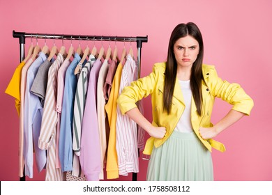 Photo Of Crazy Shop Assistant Lady Showroom Arms By Sides Sad Angry Impolite Client Wear Trend Yellow Leather Jacket Skirt Isolated Pastel Pink Color Background