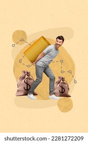 Photo creative collage artwork poster of happy rich man going carrying much money successful startup isolated on painted background