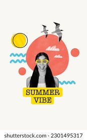Photo creative collage of funny excited girl wear hypnosis sunglass resort summer vibe tongue out relaxation isolated on drawn background
