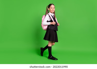 Photo Of Cute Adorable School Girl Wear Black White Uniform Backpack Walking Smiling Isolated Green Color Background