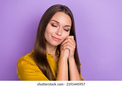 Photo Of Cute Brown Hair Lady Hold Arms Wear Brown Shirt Isolated On Purple Color Background