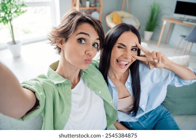 Photo of cute carefree young girls wear shirts sitting sofa having fun showing v-sign recording video indoors apartment room - Powered by Shutterstock