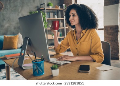 Photo of cute cheerful lady leader dressed shirt smiling communicating modern gadget drinking tea indoors workstation workshop - Powered by Shutterstock