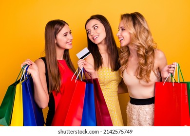 Photo Of Cute Fancy Ladies Walk Store Use Credit Card Bachelorette Gifts Have Fun Good Time Isolated Yellow Color Background