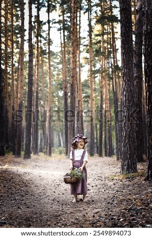 Similar – Image, Stock Photo Young woman with hat taking a walk in the deep forest at sunset.