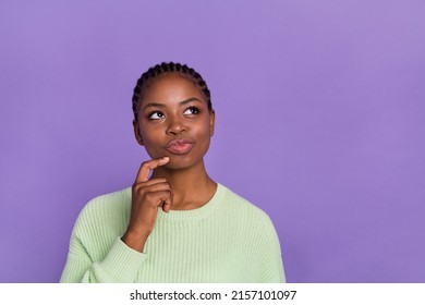 Photo Of Cute Interested Female Look Blank Space Generate Ideas Find Problem Solutions Isolated On Violet Color Background