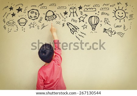 Photo of cute kid imagine space ship fantasy. set of infographics over texured wall background 