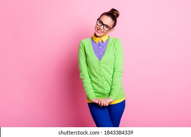 Photo Of Cute Lovely Teenage Girl Knot Hairdo Hold Arms Beaming Smiling Blushing Want Ask Friend Give Her Puppy Birthday Present Wear Spectacles Colored Clothes Bright Pink Color Background