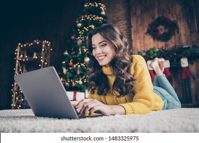 Photo Of Cute Nice Charming Attractive Girl Woring In Eve Of New Year With Her Laptop Wearing Jeans Denim Yellow Sweater