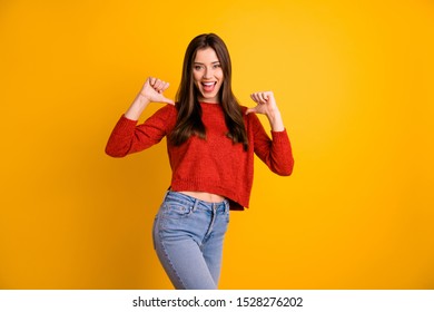 Photo of cute nice charming fascinating gorgeous beautiful youngster adverting herself wearing jeans denim pointing at herself with thumbs isolated vivid color yellow background
