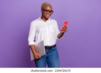 Photo of cute positive short hair woman dressed smart casual outfit spectacles chatting modern gadget isolated violet color background - Shutterstock ID 2196724173