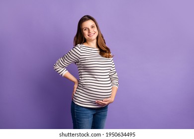 Photo Of Cute Shiny Lady Waiting Baby Dressed Striped Shirt Arm Tummy Smiling Isolated Violet Color Background