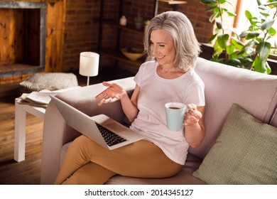 Photo of cute shiny retired woman dressed white t-shirt sitting couch typing modern device drinking coffee indoors flat home house - Powered by Shutterstock