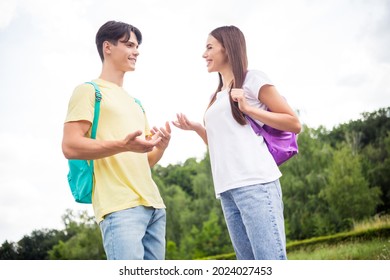 Photo of cute sweet teen boy girl dressed casual outfit rucksack smiling talking walking college outside park