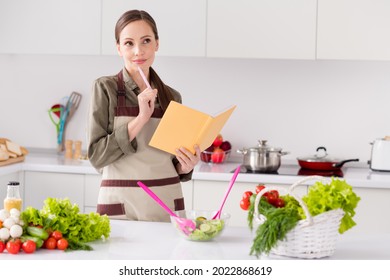 Photo of cute thoughtful housemaid wear brown apron smiling writing cooking book indoors room home house - Shutterstock ID 2022868619