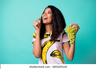 Photo of dark skin lady eat grapevine look copyspace wear pink t-shirt isolated on turquoise color background