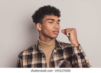 Photo Of Dark Skin Young Calm Handsome Man Give Chef Kiss Enjoy Food Isolated On Grey Color Background