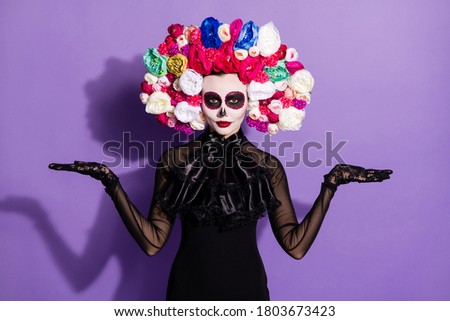Photo of dead katrina bride lady face print culture traditional holiday hold open palms religion death artifact items shop floral rose headband black costume isolated purple color background