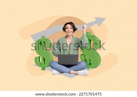 Photo designed advert of young crypto investor business lady raise fists up celebrate bull bitcoin graphic income isolated on beige background