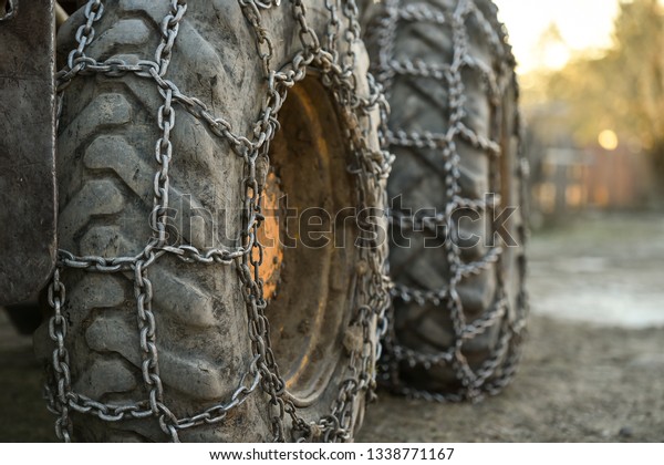 Photo
detail with snow tire chains on big truck
wheel