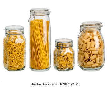 Photo of different pasta types in large glass jars over white background. - Powered by Shutterstock