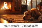 Photo of a dog lying on a rug, with a fireplace burning in the background, warm light, conveying domestic coziness.