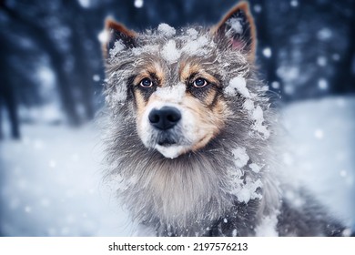 Photo Of A Dog In Nature In The Snow Forest, Looking At The Camera. Soft Coat, Glamour Style Photo, Pet For Advertising. Female And Male Dog Photography.