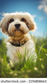 Photo Of A Dog In Nature In The Tall Grass, Dog Lying On The Grass, Blue Sky And Clouds, Looking At The Camera. Soft Coat, Glamour Style Photo, Pet For Advertising. Female And Male Dog Photography.