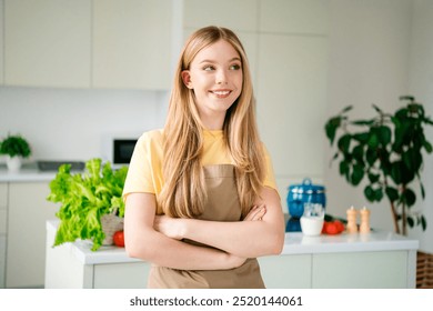 Photo of dreamy adorable cute girl crossed arms cooking modern kitchen white day light indoors - Powered by Shutterstock