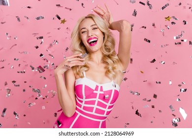 Photo of dreamy barbie girl enjoy weekend event entertainment wear fancy striped dress isolated pink color background