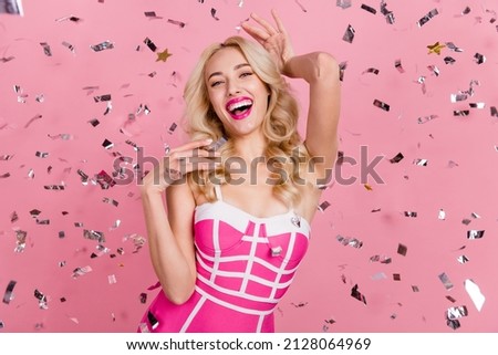 Photo of dreamy barbie girl enjoy weekend event entertainment wear fancy striped dress isolated pink color background