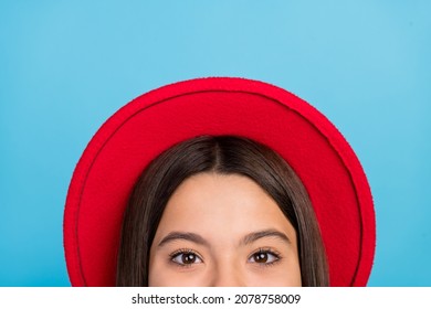 Photo Of Dreamy Shiny Student Girl Wear Red Cap Hiding Empty Space Isolated Blue Color Background