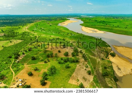 Photo from a drone of the floodplain of the Faro River during the rainy season, savanna zone, surroundings of Touruoa, Northern Cameroon
