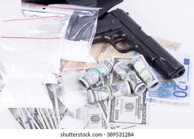 Photo Of The Drugs, Cocaine , Money And Gun