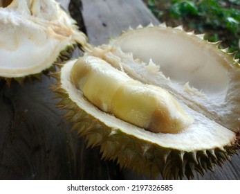 Photo Of Durian Fruit With Its Melted Texture And Skin With Lots Of Thorns, Photo Of Durian Fruit With Old Wood Begraund