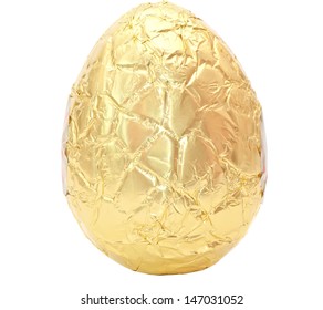 Photo Of An Easter Egg Wrapped In Gold Foil Isolated On A Plain White Background With Clipping Path. 