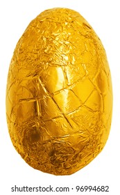 Photo Of An Easter Egg Wrapped In Gold Foil Isolated On A Plain White Background With Clipping Path.