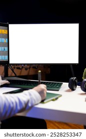 Photo editor using isolated screen monitor to look at editorial pictures taken with professional camera for fashion magazine. Freelancer browsing images on mockup PC in media agency