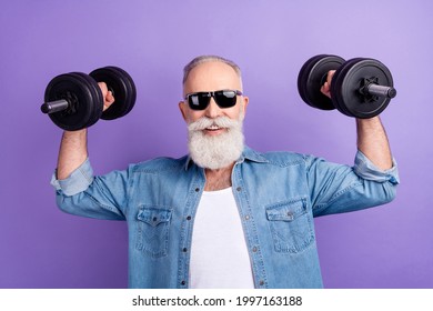 Photo Of Elderly Sportsman Bodybuilding Muscles Strong Dumbells Isolated Over Purple Color Background