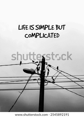 Photo of an electric wire cable on a pole and some birds perched on the cable. There are words 