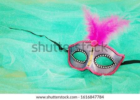 Photo of elegant and delicate pink and purple Venetian mask over mint chiffon background