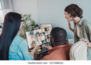 Photo of employers employees lady guy sit desk use gadget remote start-up development presentation greeting in workplace - Shutterstock ID 2117680211