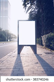 Photo Empty Lightbox On The Bus Stop. Vertical Mockup, Sunlight