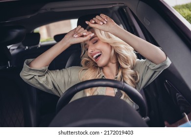 Photo Of Energetic Lady Ride Car Listen Pop Star Playlist Sound System Dance Hands Outdoors In Town Center