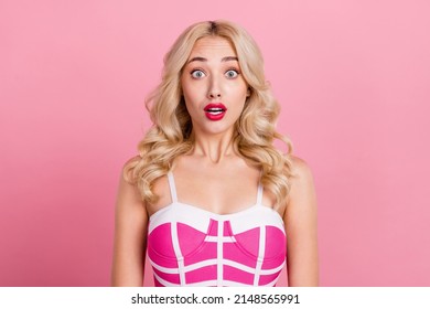 Photo of excited crazy barbie doll staring camera disbelief concept wear fancy striped dress isolated pink color background