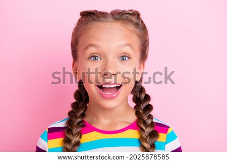 Photo of excited funky small lady sale wow reaction open mouth wear striped shirt isolated pink color background