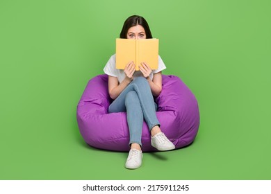 Photo of excited impressed woman dressed white t-shirt sitting bean bag interesting book cover face isolated green color background - Shutterstock ID 2175911245