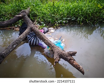 Photo Of Fallen Tree Trunk On Ditch And Plastic Trash.